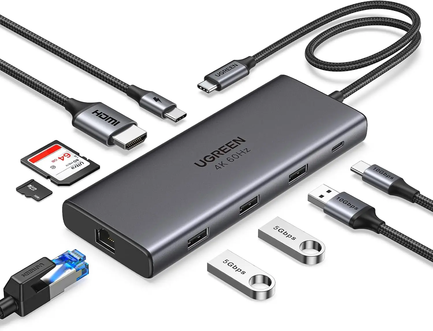 

Многофункциональный USB-C хаб 9-в-1 с поддержкой 10 Гбит/с, 4K HDMI, 100 Вт PD, Ethernet для MacBook, iPhone, ноутбуков