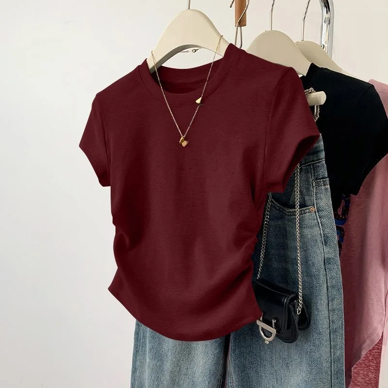 Summer Women's Threaded Waist Cinched U-shaped Hem Slim Irregular Short Sleeved Top for Women Clothing  Tops