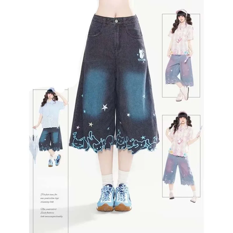 Vintage Embroidered Splicing Wide Leg Jeans Women Cropped Pants High Waist Denim Casual Streatwear Retro American Loose Jeans
