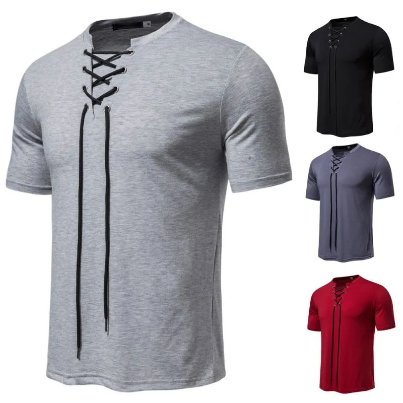 

Summer New Men's Casual Short Sleeved Collar and Shoelace Perforated Round Neck Fashionable Short Sleeved T-shirt