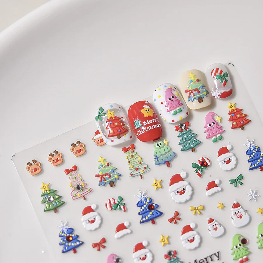 1pcs Cute Cartoon Christmas Tree Black Wreath Pearl Nail Art Stickers Hollow 5D Relief Adhesive Manicure Art Decoration Decals