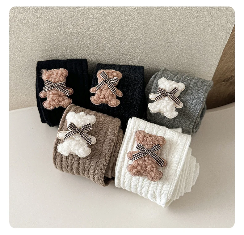 Flauschige Strumpfhose mit Bären- und Schleifendekor, niedliche, verschleißfeste, anti-pilling-Textur für kleine Mädchen, bequeme Leggings aus Stretch-Stoff für den Alltag – Detail 19