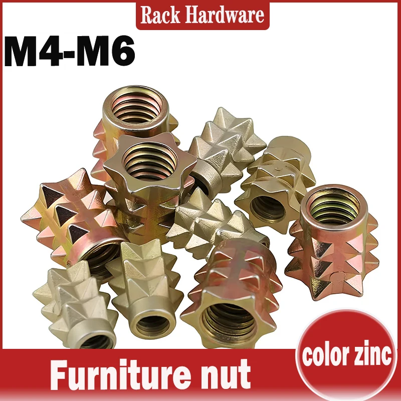M4 M6 Zinc Alloy Barbed Insert Nuts for Furniture, Spiked Wood Connector Nuts, GB/T Standard, 4.8 Grade Strength