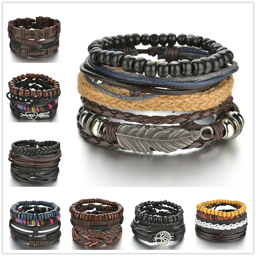 Braided Wrap Leather Bracelets for Men Vintage Life Tree Feather leaf Heart Rudder Charm Wood Beads Ethnic Tribal Wristbands