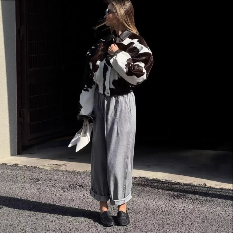 Kurtka damska EAEOVNI Streetwear z kontrastowymi kolorami, modna, skórzana, patchworkowa, z długim rękawem, vintage, nowa odzież