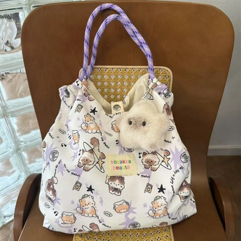 

Women's Handbag Korean Printed Tote Bag Ins Shoulder Bag Student Cute Tote Bag Cartoon High Capacity Handbag Commuting Bag New
