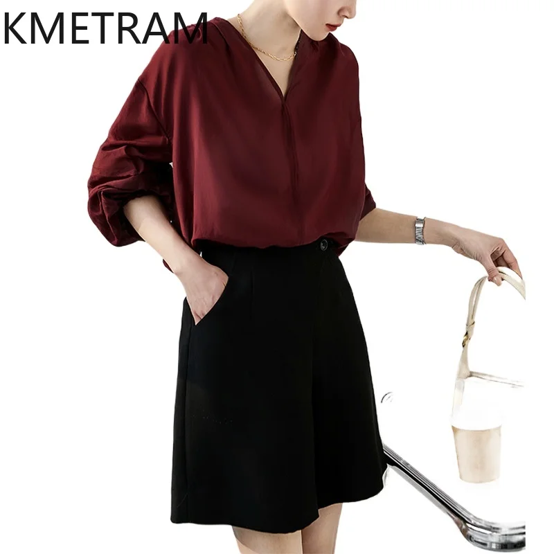 

KMETRAM 71.3% Cotton 28.7% Mulberry Silk Blouses for Woman Burgundy Red V-Neck Shirt Casual Tops Summer Women Clothes 2026блузка