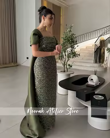 Sparkly Green Off Shoulder Saudi Arabia Luxury Evening Dress 2025 Train Wedding Gown فساتين سهرة Prom Dress Customized