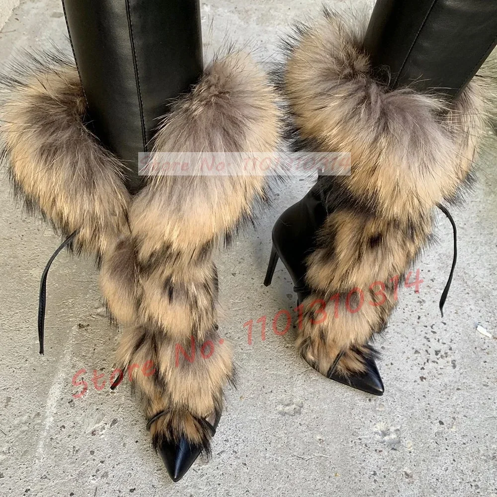 Real Fur Fluffy Mid-calf Boots Ladies Fashion Sexy Cross-tied Pointy Winter High Heel Shoes Women Luxury Big Size Stiletto Boots - Image 6