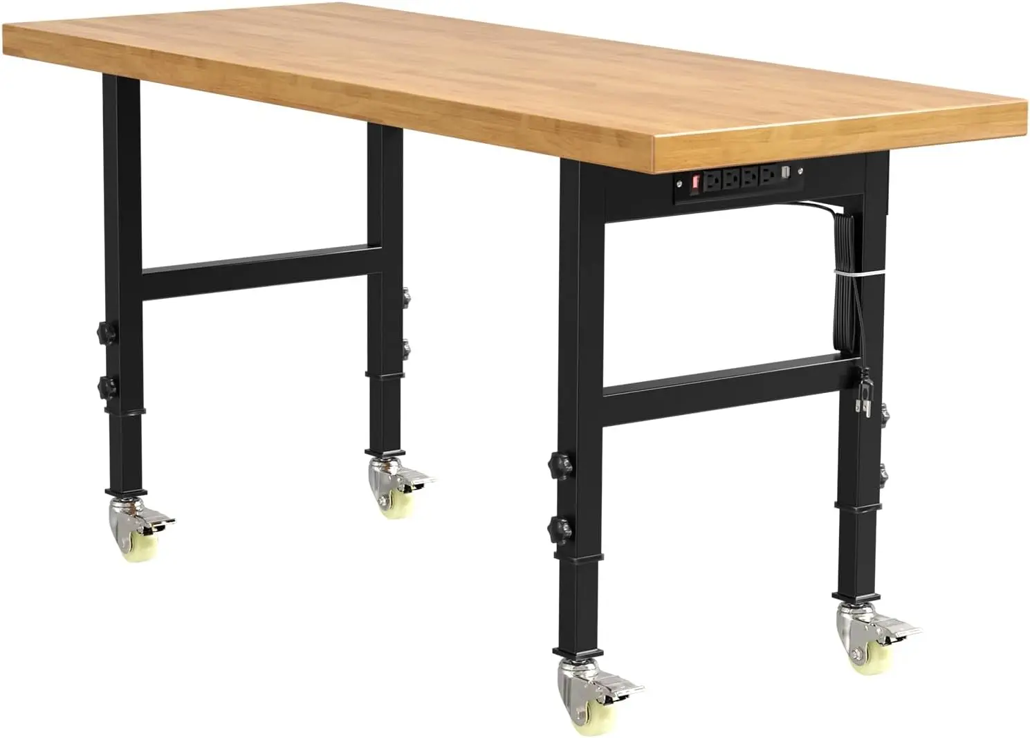 

60” Heavy-Duty Solid Wood Work Bench Work Table with Wheels, Adjustable Height Portable Workbench with Power Outlets, 3000 Lbs