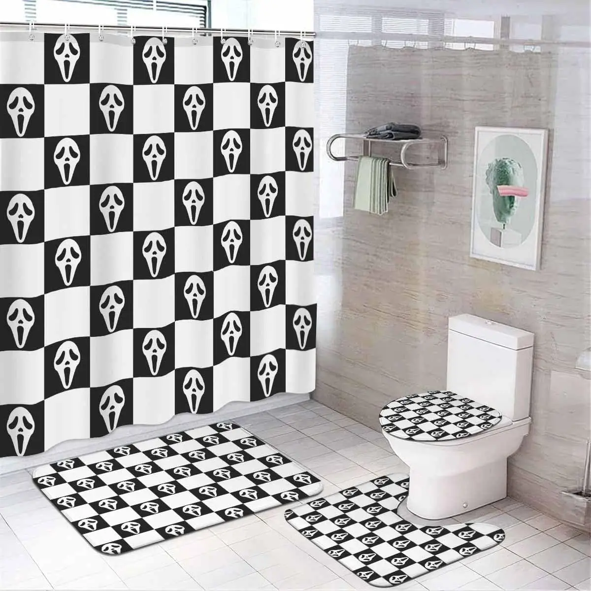 Horror Ghost Face Bathroom Set, 4-Piece with Shower Curtain , Bath Mat, Contour Rug, Toilet Lid Cover, Black and White Pattern