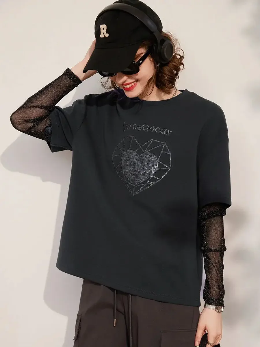 LOUIS YAO Women T-shirt Round Neck Long Sleeve Fake Two Pieces 2024 Spring and Summer Love Sequin Embroidery Tee Women\'s Top