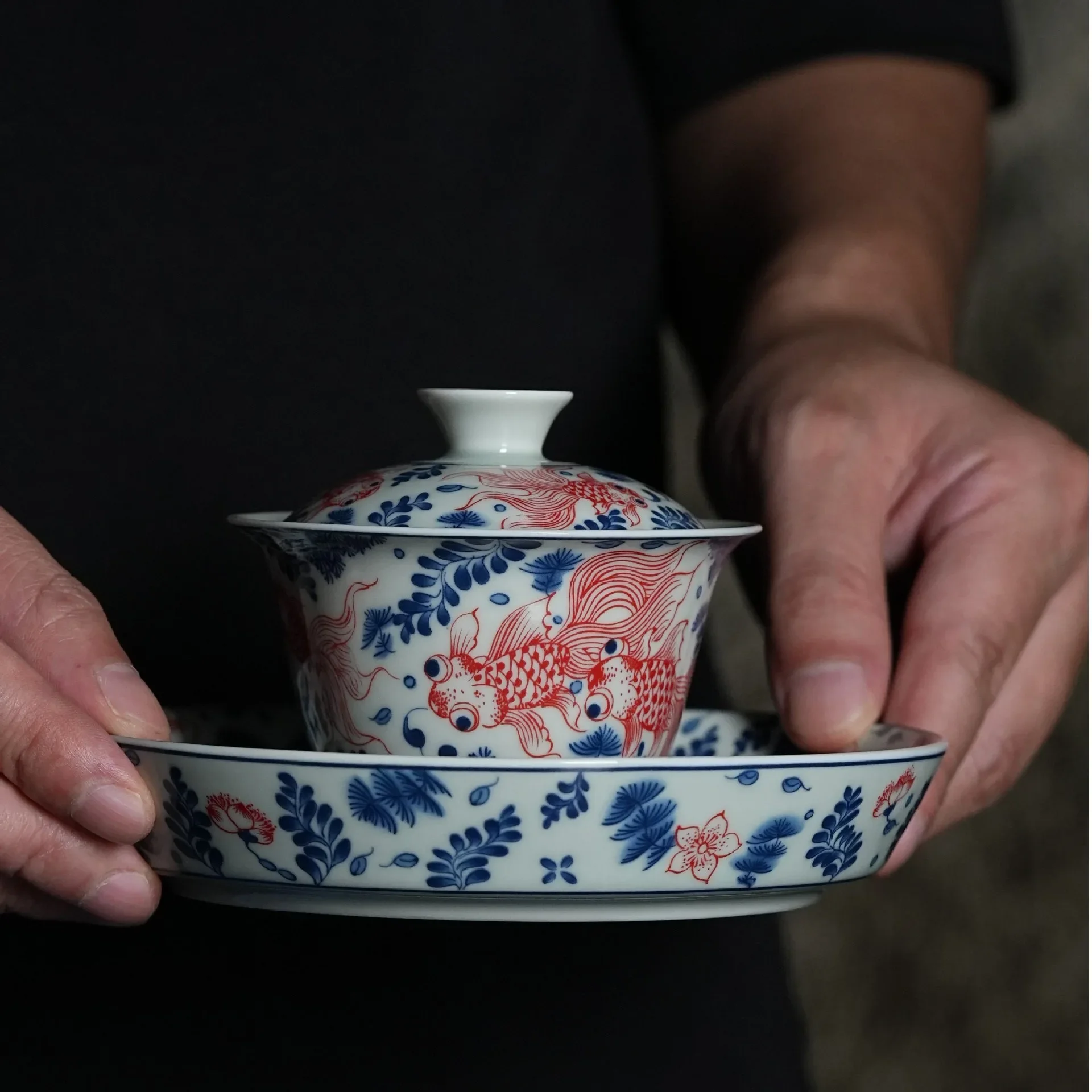 Blue and White Cover Bowl Retro Fish and Algae Pattern Hover Tea Maker Chinese Household Ceramic  Anti-scalding Kung Fu Tea Bowl
