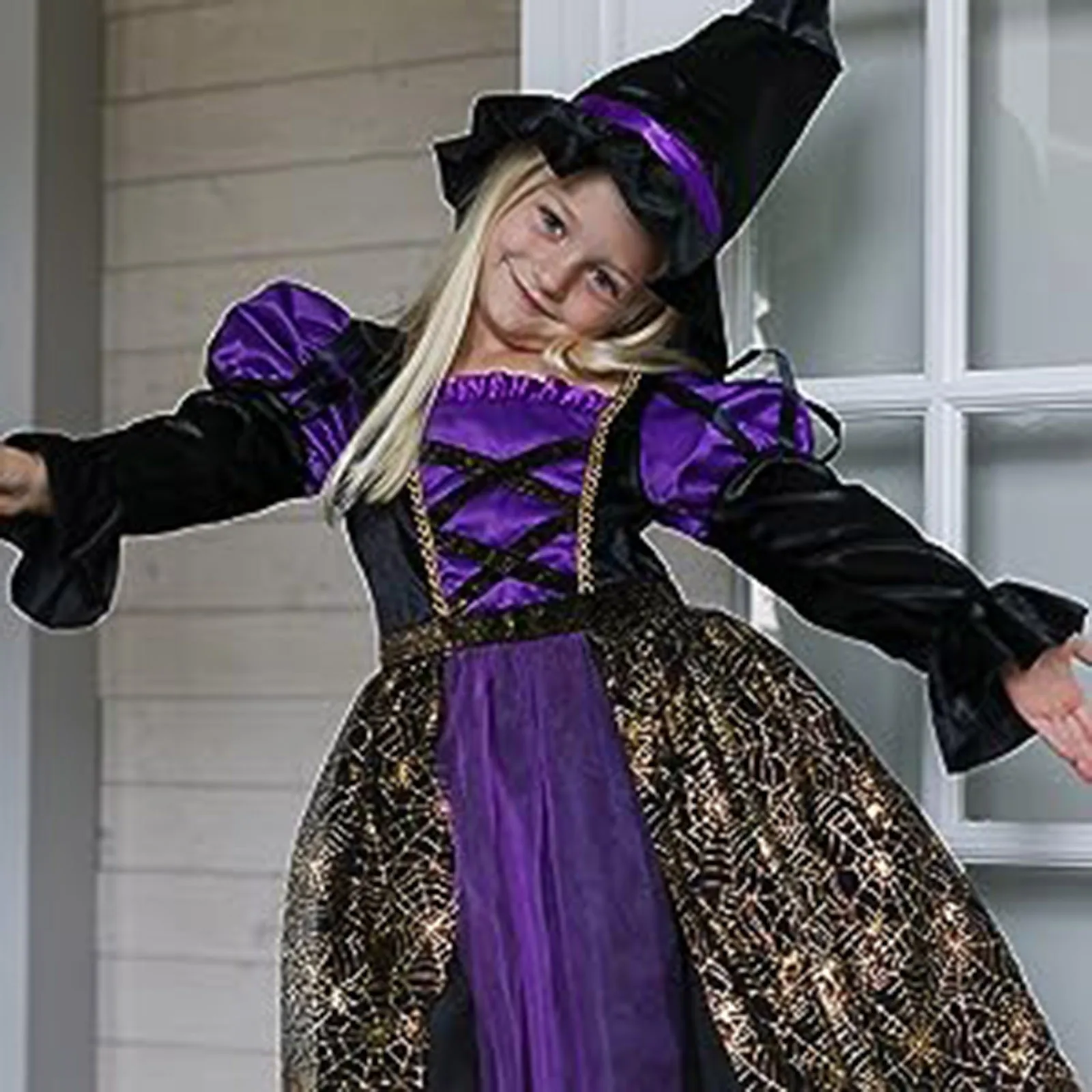 Halloween Lovely Witch Costume For Little Girl Role Play Villain Hag Wizard Gown With Hat Toddler Kid Witch Dress Acting Apparel