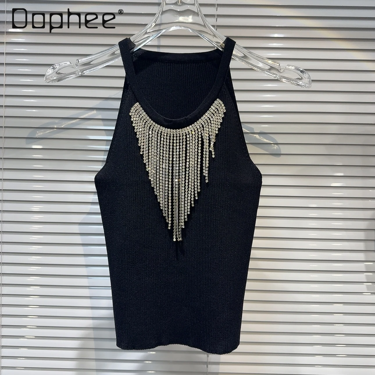 

Socialite Rhinestone Chain Tassel Tanks Top Woman 2024 Summer New Elegant Sleeveless Knitted Halter Spaghetti Straps Tops Women