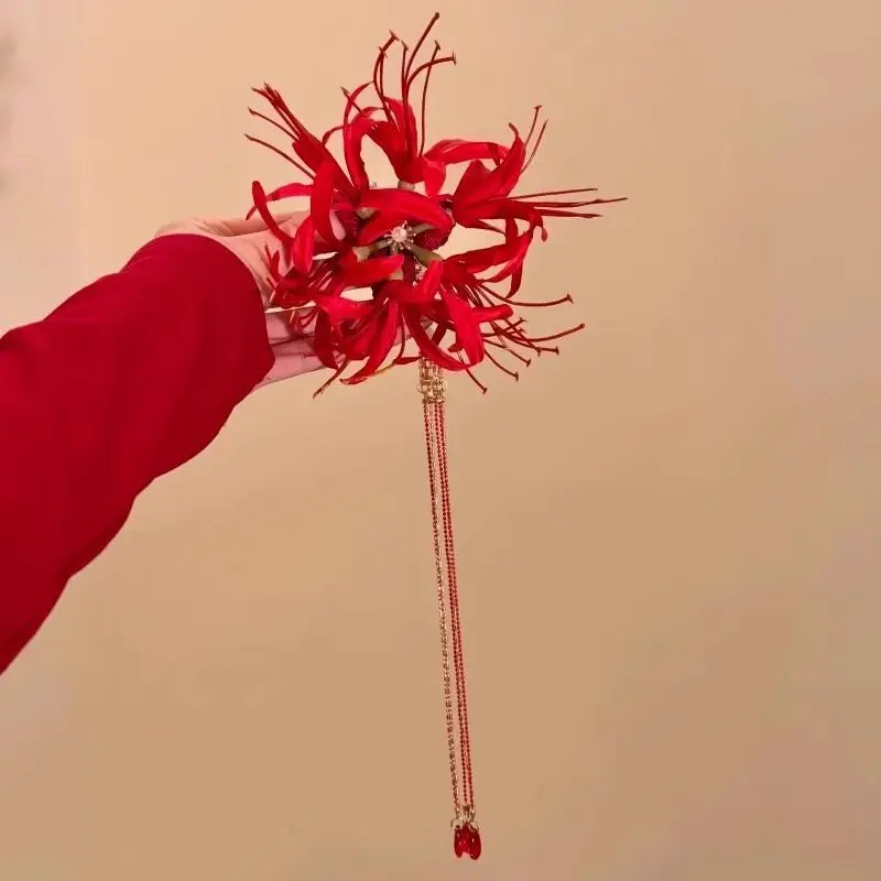 

Red Shore Flower Hair Clip New Tassel Design Chinese Ancient Style Elegant Duckbill Clip Women's Side Bangs Clip Hair Accessory