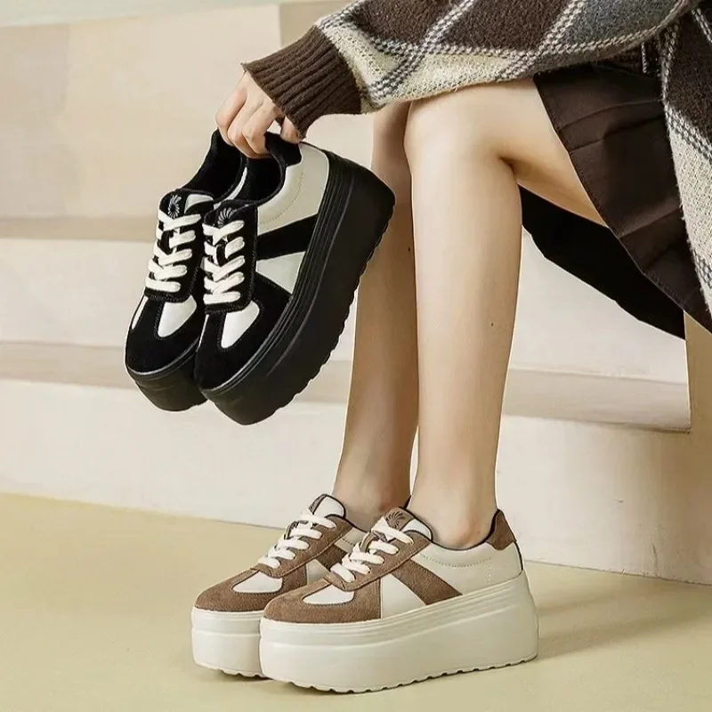 

2024 Spring Autumn Women Leather Shoes British Style Trendy Design Work Platform High Heels Ladies Casual Color Block Loafers