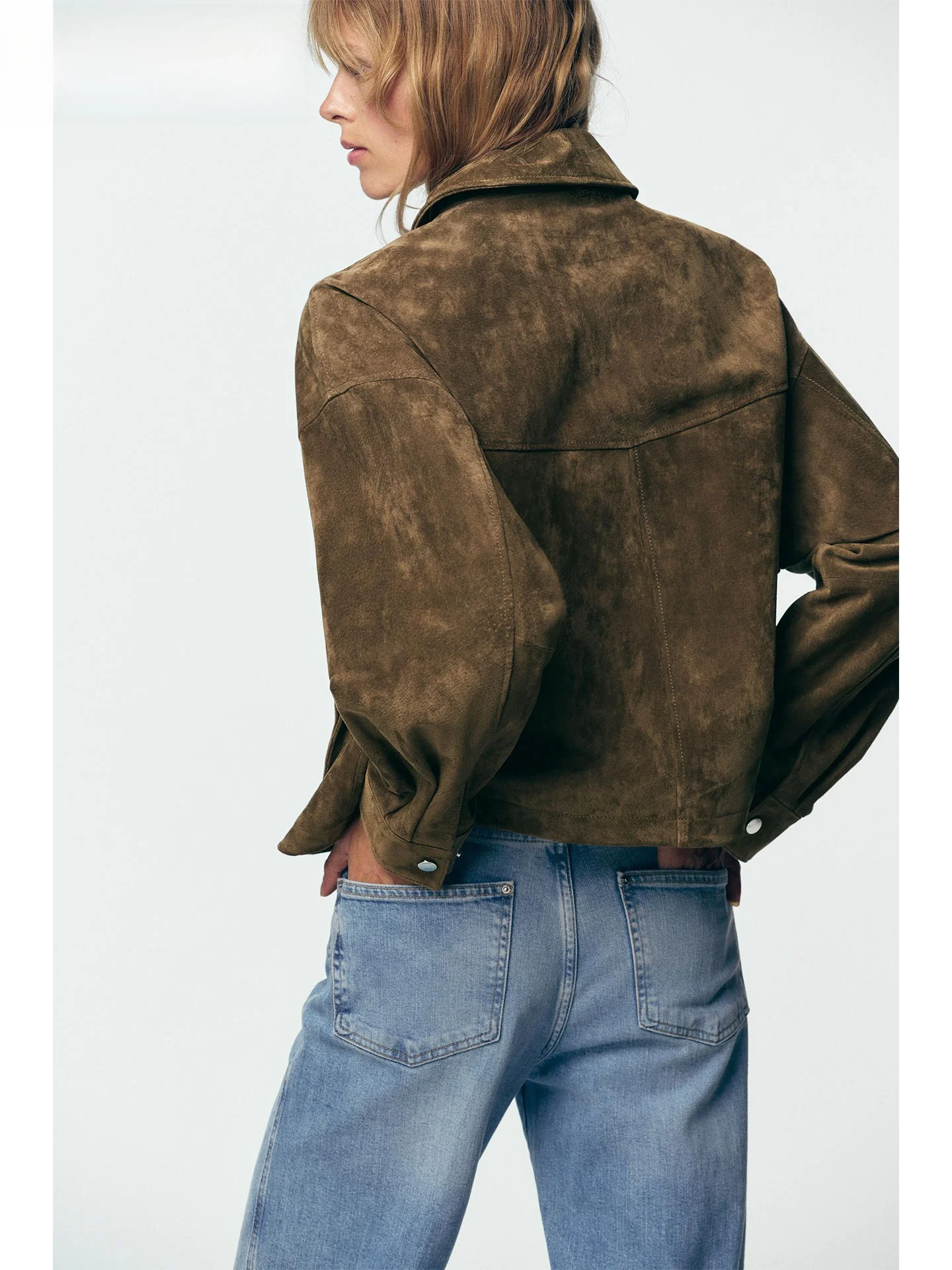 ZAPRHA 2025 Autumn Faionable Leather Pilot Collar Long Sve Jaet Outerwear Versatile Women's Casual Sle ort Coat