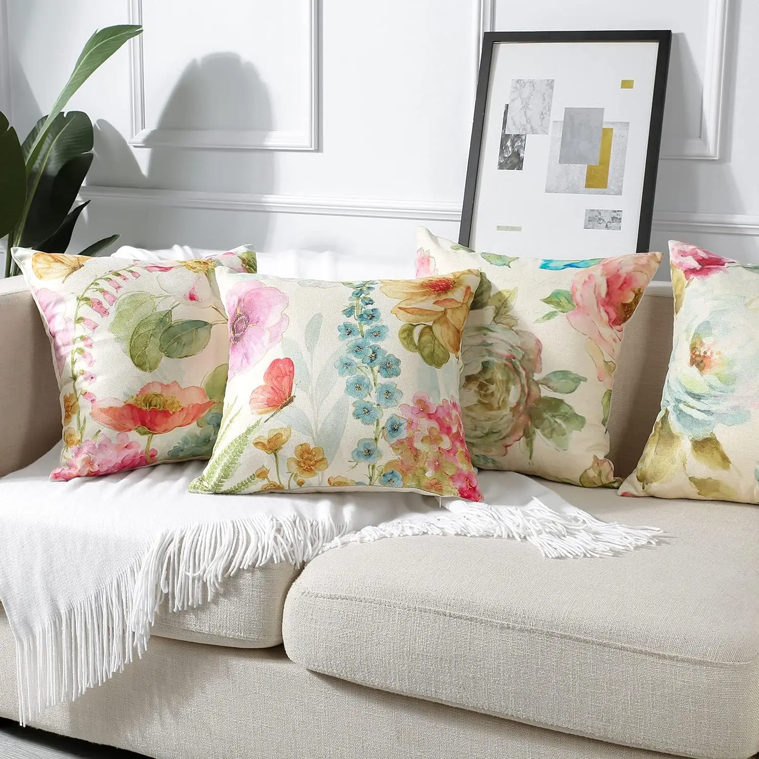 Floral Bird Pillow Covers – Watercolor Garden Art 4-Pack Cushion Covers for Outdoor, Patio, Sofa, Living Room Décor