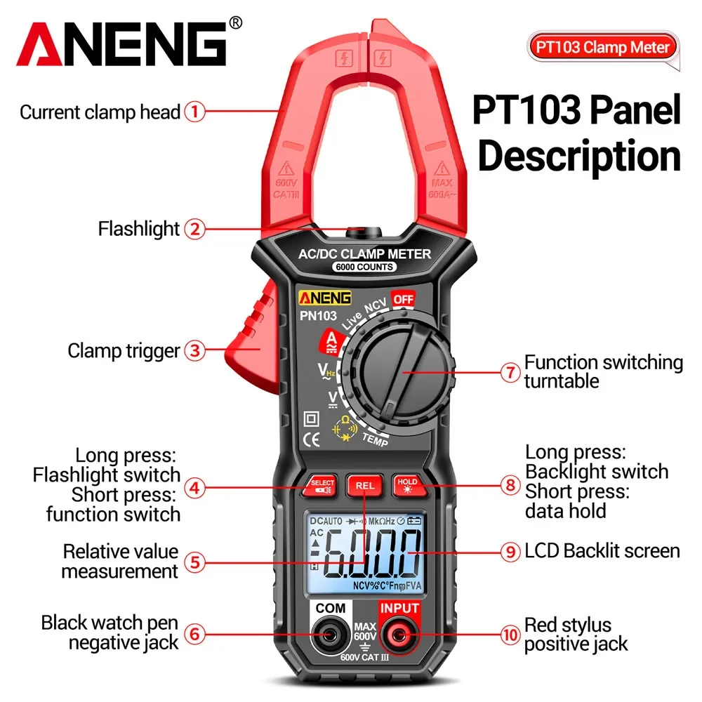 Imagem -04 - Corrente Clamp Meter Multímetro Digital 600a Voltage Tester 6000 Contagens hz Capacitância Ncv Ohm Diodo Testadores Aneng-pn103 ac dc