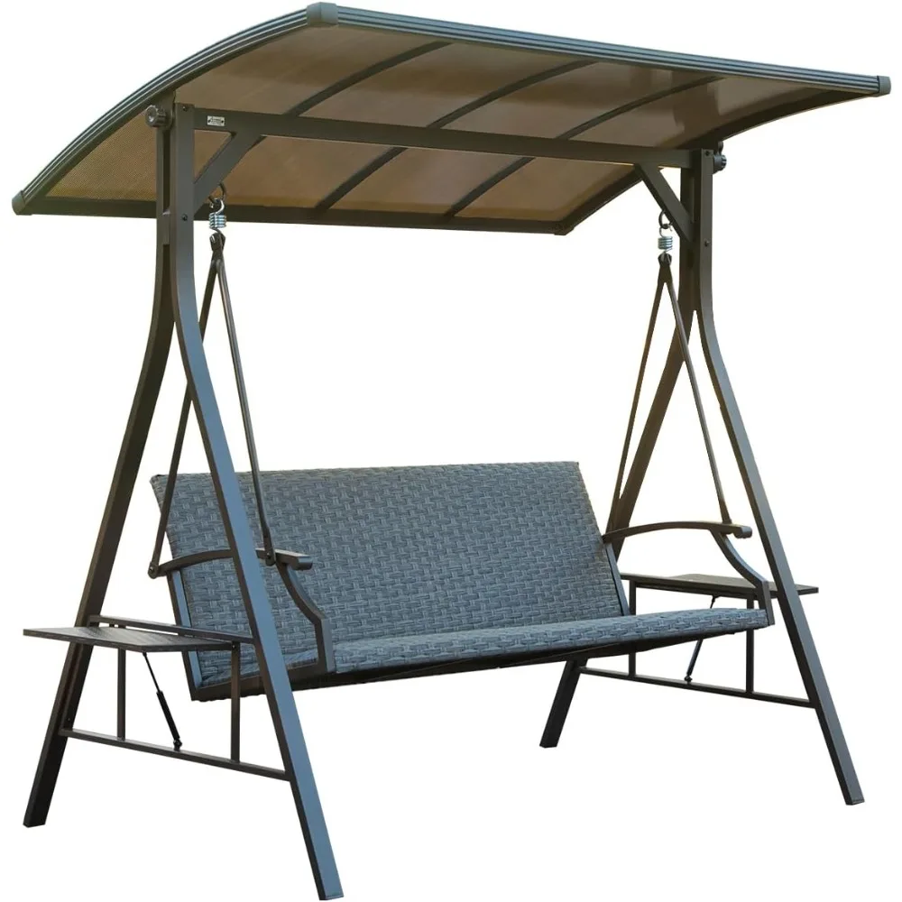

Domi 3-Seat Outdoor Porch Swing w/Adjustable Polycarbonate Hardtop and Side Table, Wicker Patio Swing Chair Bench with Steel Fra