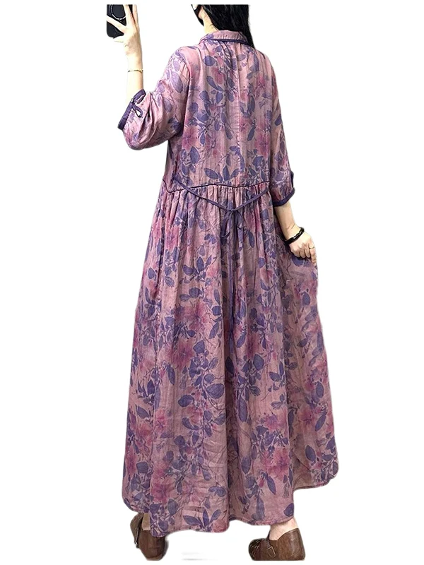 ชุดเดรสผ้าลินินพิมพ์ลายดอกไม้สไตล์วินเทจสำหรับผู้หญิง ทรงหลวม ผ้าฝ้ายผสมลินิน ช่วยพรางหุ่น กระดุมดีไซน์เก๋ ทรงเอไลน์