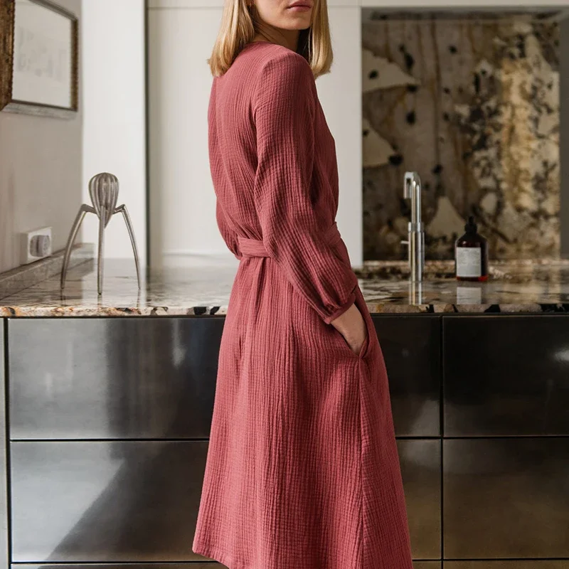 Casual 100% Cotton Dress Adjustable Tie V-neck Long Sleeve Evening Sleep Party Dress Women Robe Elegant Red Dresses Home Wear