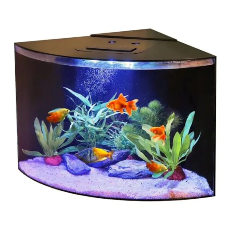 Corner Fish Tank 12.5 Gallon for home/bedroom/office triangle acrylic aquarium in black with LED light, filter Bluetooth app co