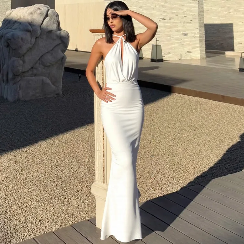 

DSMTRC Femme Fashion Swing Collar Patchwork Sleeveless Maxi Dresses Women Slim Elegant Dress Vacation Sexy Backless Long Robes