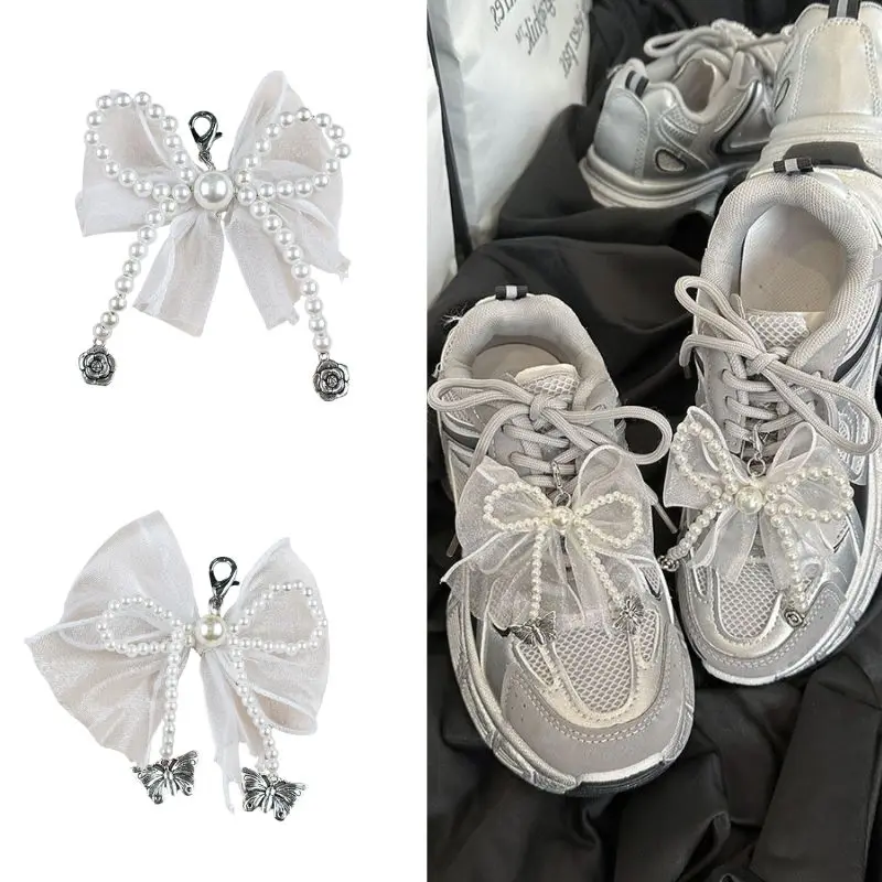 1pair Lace Pearl Bead Bownot Shoe Buckle Y2k Butterfly Rose Pendant  Key Chain Charms Shoes Decoration Clip Shoes Accessories