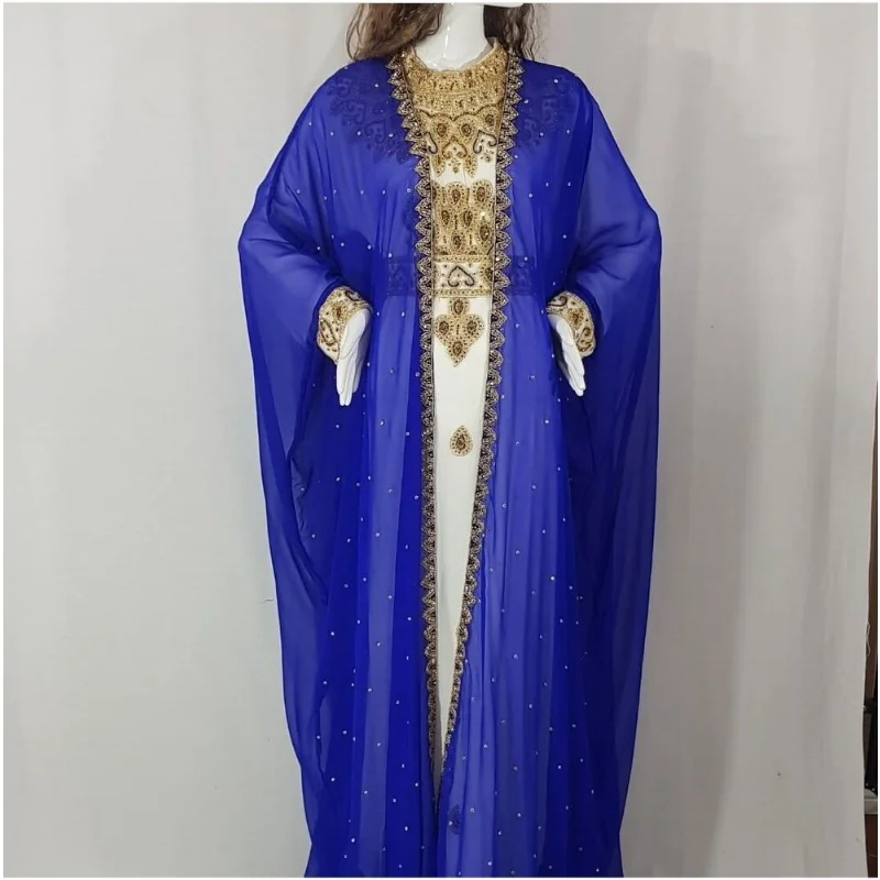 Navy Blue Kaftans Farasha Abaya Dubai Morocco Very Fancy Dress European and American Fashion Trend