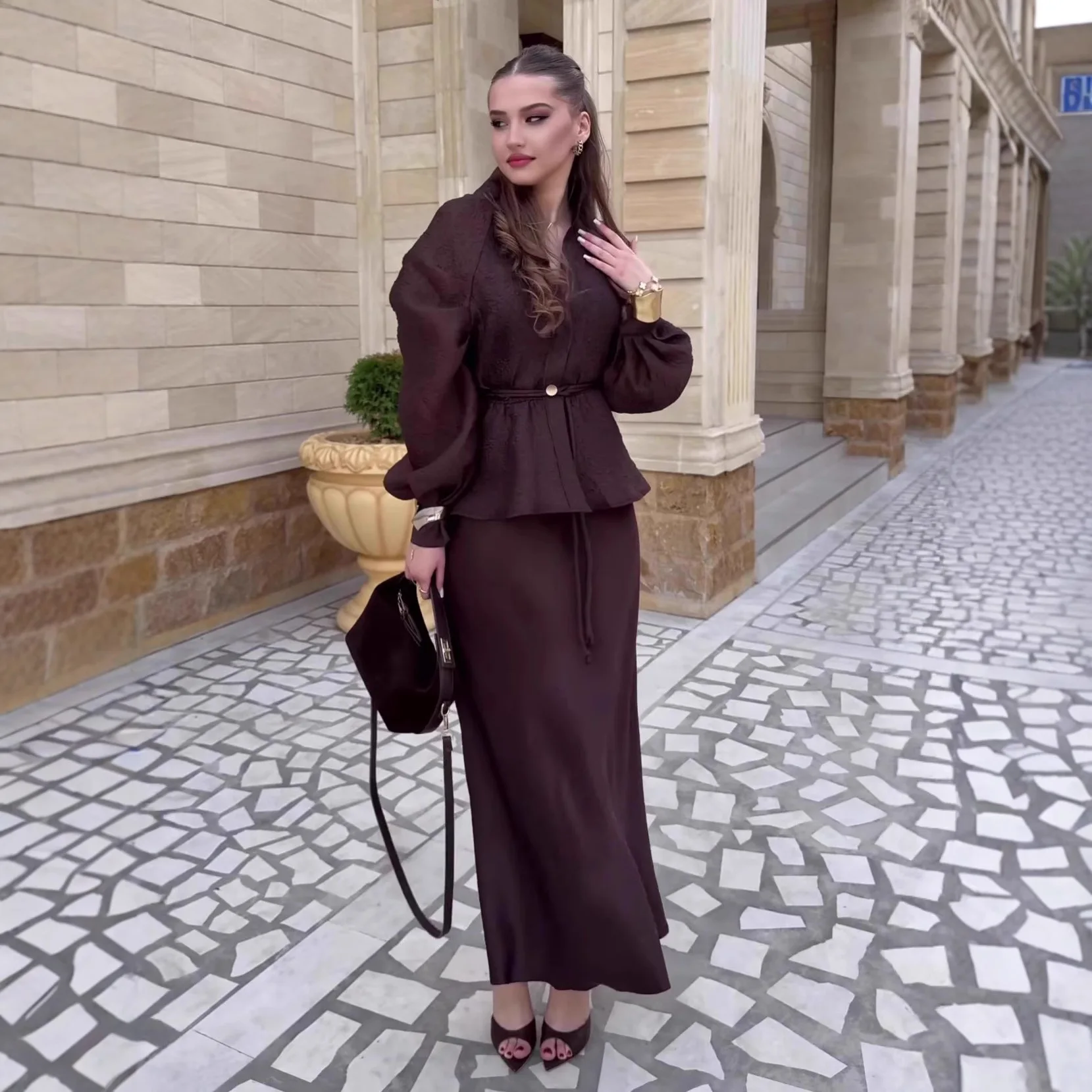 Women Two Piece Sets Skirt Set Full Lantern Sleeve V Neck Belt Tops Skirts A Line High Waist Y2k Streetwear Elegant Work Spring image 4