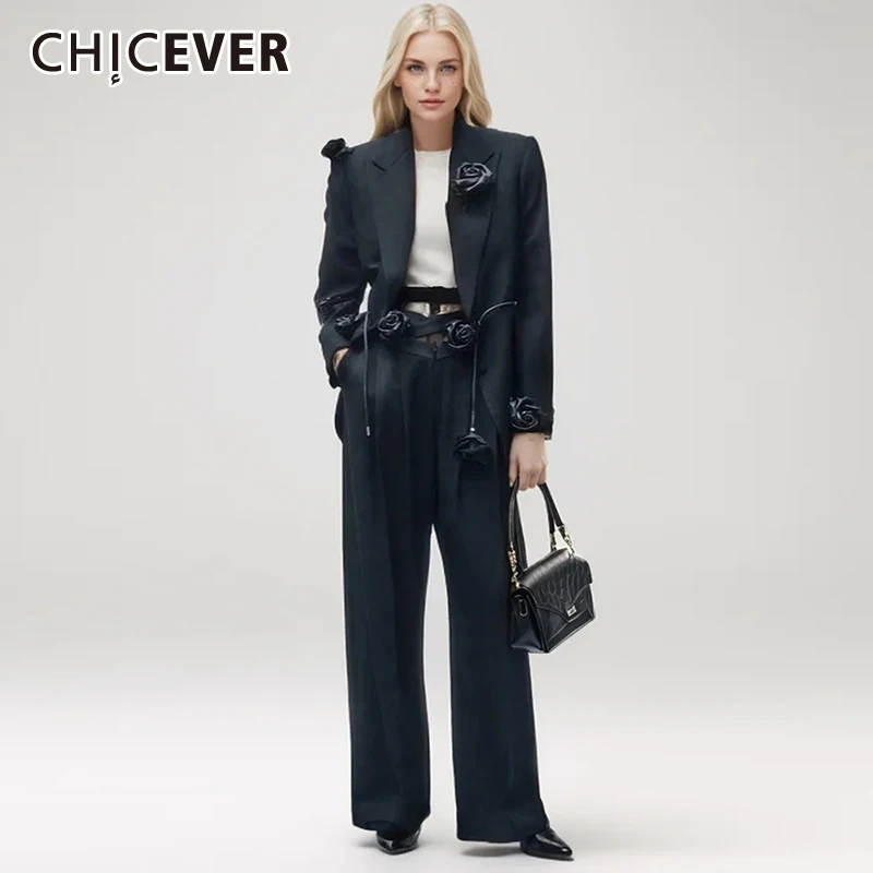 

CHICEVER Vintage Two Piece Set For Women Lapel Long Sleeve Spliced Appliques Tops High Waist Folds Loose Pants Casual Set Female