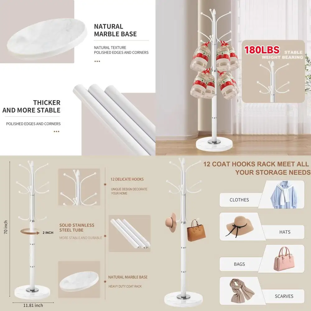 

Sturdy 12-Hook Coat Rack with Natural Marble Base for Entryway or Office