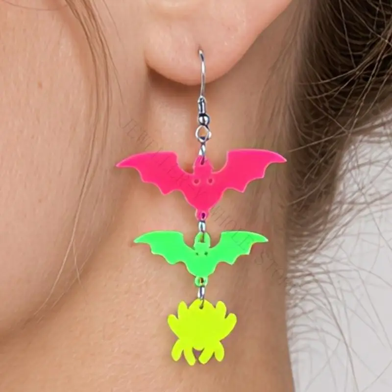 R7UF Halloween Acrylic Dangle Earrings Bat and Spiders Drop Pair for Dress-Up Looks, Themed Gatherings, Party and Seasonal