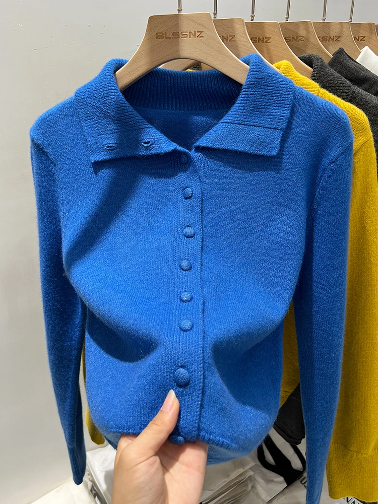 

Polo Collar Knitted Cardigan Women's Autumn and Winter 2025 New Blue Long Sleeve Top Fashion Versatile Knitwears Womens Sweaters