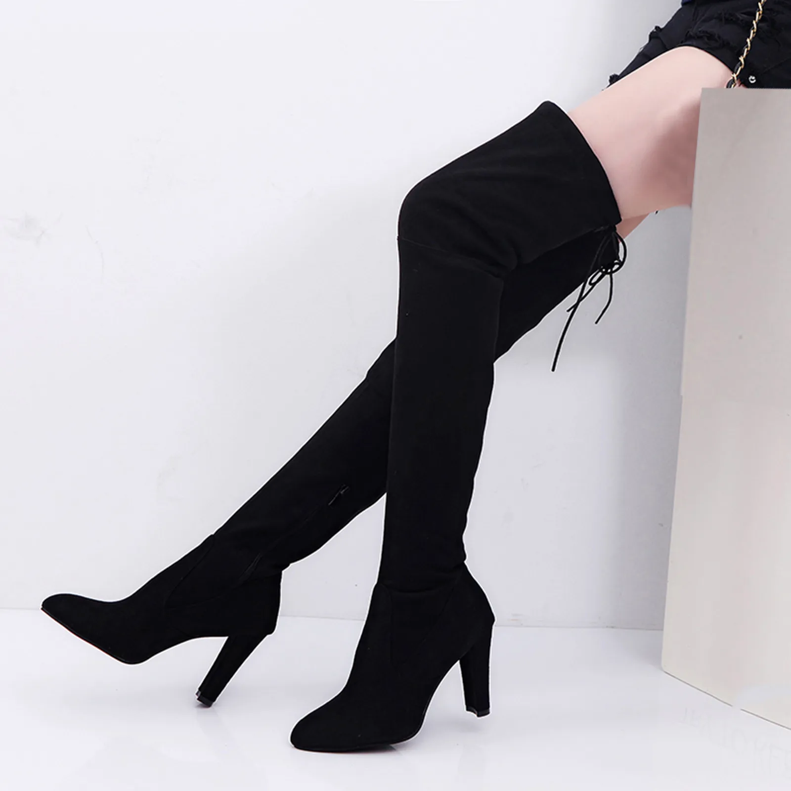 Women Thigh High Boots Winter Fashion Sexy Tight Square High Heels Solid Suede Boots Back Lace Up Round Toe Warm Ladies Shoes