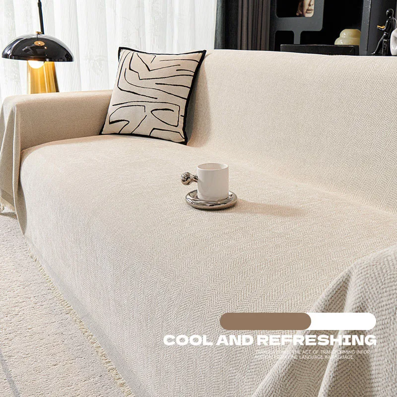 Solid Color Herringbone Sofa Cover with Tassels Luxury Multifunctional Blanket for All Seasons Anti Slip Protection Dust Cover