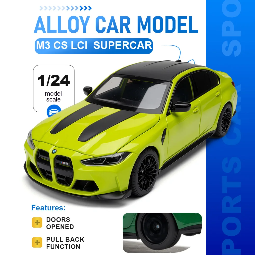 

Масштабная модель автомобиля 1:24 M3 CS LCI 325LI, литая из сплава, с открывающимися дверями, звуком и светом, поворотными передними колесами, откатным механизмом, настольный сувенир