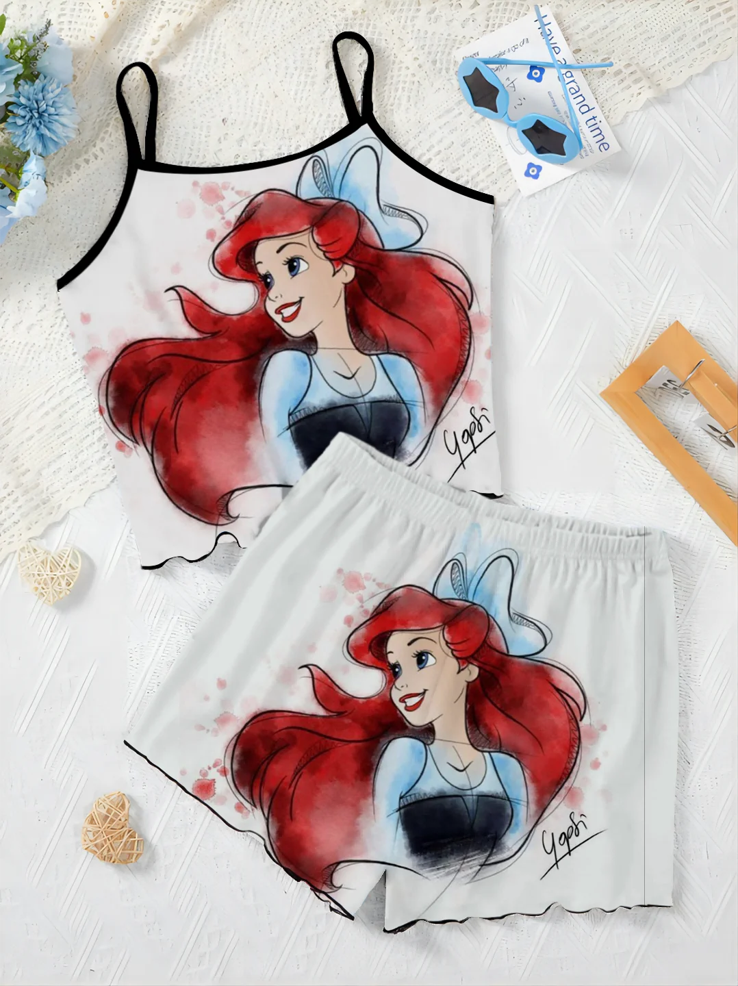 Syrenka Top Piżama Spódnica Kombinezon Damski Krótkie Zestawy Nowy Dwuczęściowy Zestaw T-shirt Sukienka Domowa Sałata Wykończenie Disney Kawałki Eleganckie Spodnie