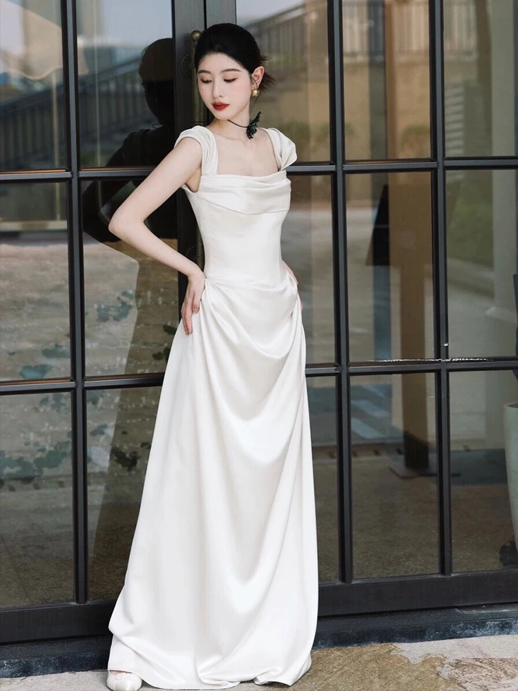 

Ele Simple Satin Light Wedding Dr One oulder Tailored for Outdoor Lawn White Bridal Gown mid Waist Zipper Sle