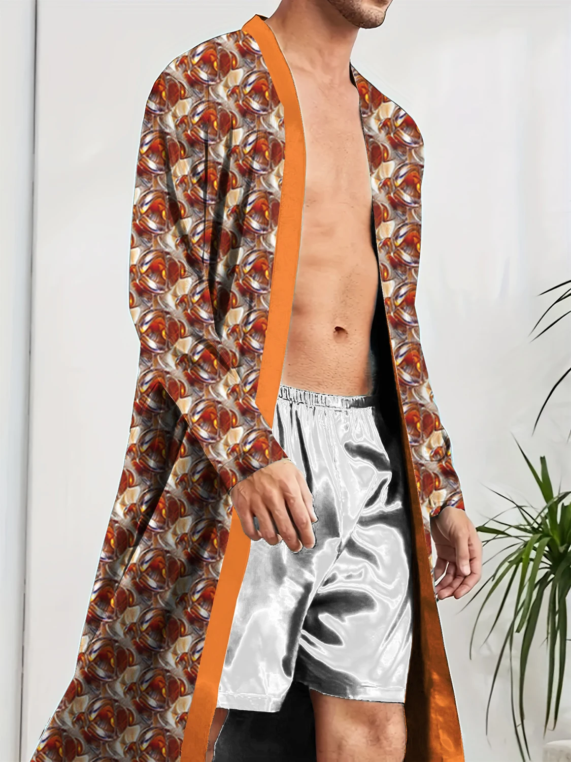 Men's long robe with digital printing and fun sleepwear trend, fast drying leisure and entertainment home nightgown.