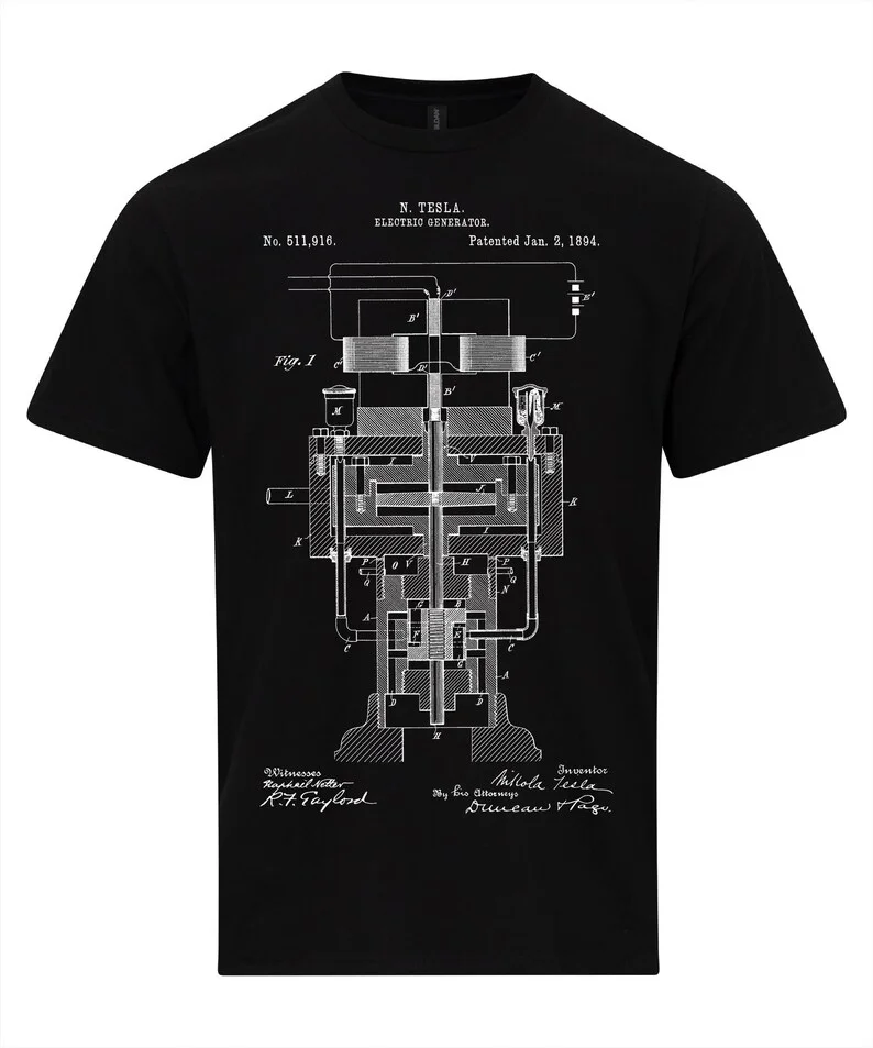 نيكولا تيسلا مولد المحرك براءات الاختراع تصميم اختراع الفيزياء المتحمسين تي شيرت تاريخ العلوم تسلا براءات الجرافيك القمم