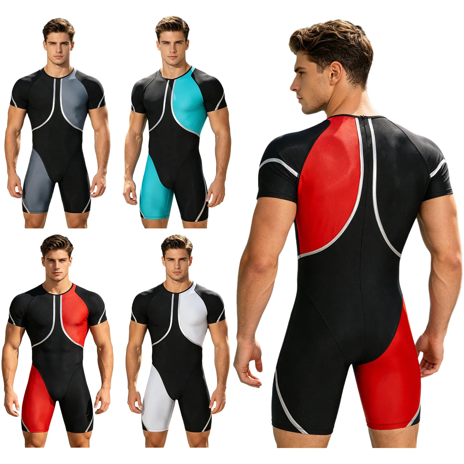 Herren-Einteiler-Rashguard-Tauchanzug, Badeanzug, kurzärmeliger Sport-Bodysuit mit Rückenreißverschluss und metallischem Besatz. – Detail 2