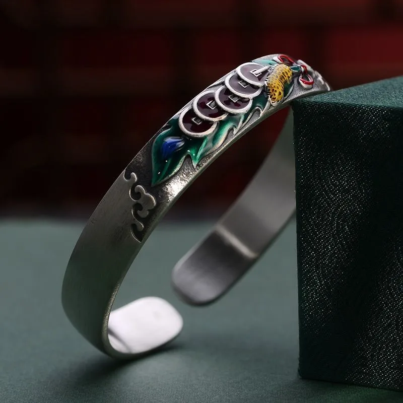 Enamel Five Emperors Coin Bracelet Men And Women, One Leaf Brings Wealth Good Luck Peanut Vintage Open Bangle