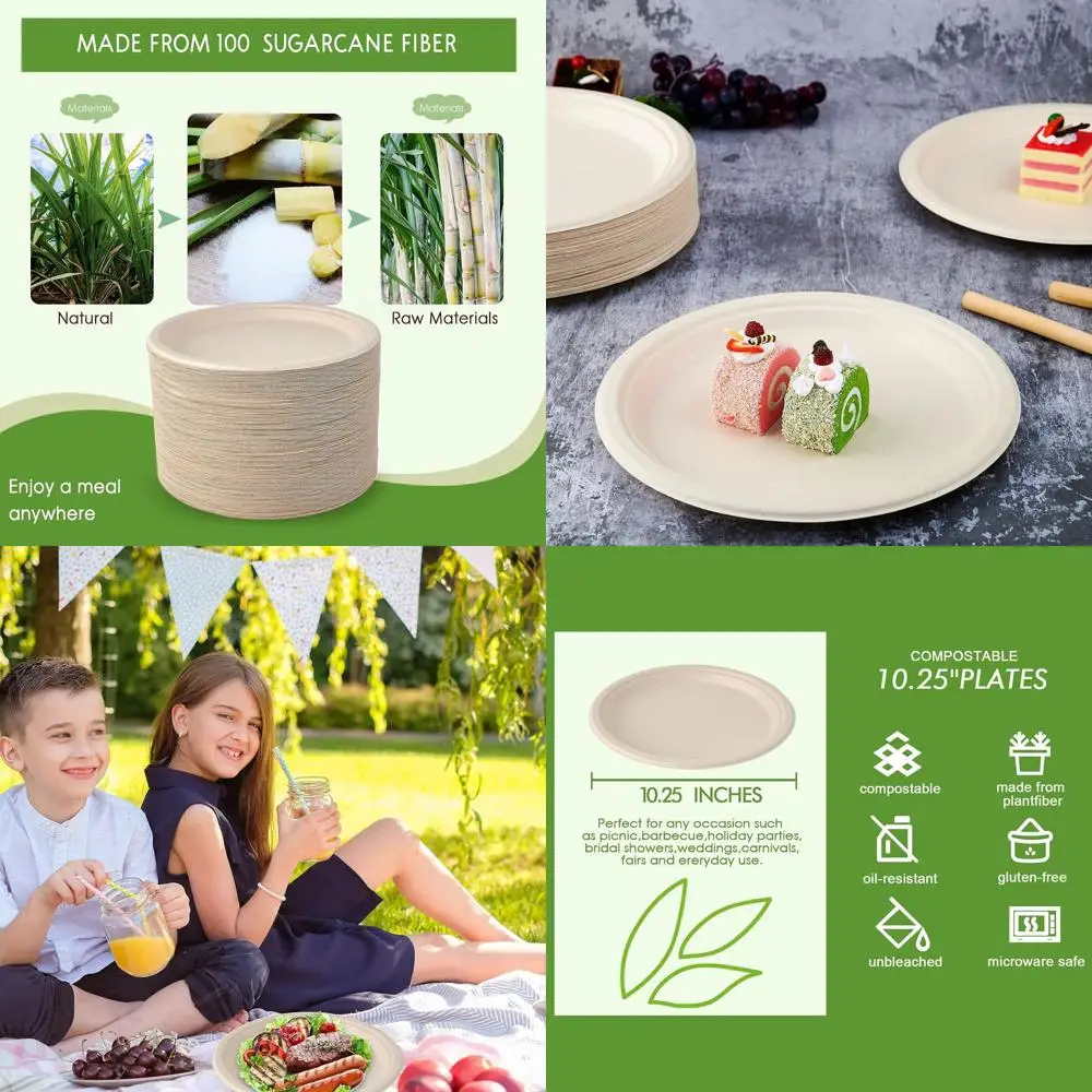 

100% биоразлагаемые бумажные тарелки 10,25, упаковка 500 шт., прочная и экологически чистая от Bagasse Sugarcane