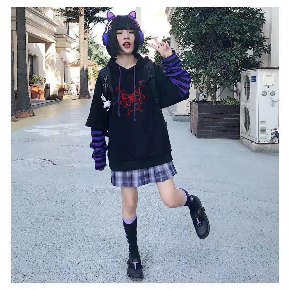 Streetwear Gothic Casual Creatief Patroon Gedrukt Vrouwen Mode Kleding Losse Zoete Cool Y2K Harajuku Retro Fake Twee Hoodie Top