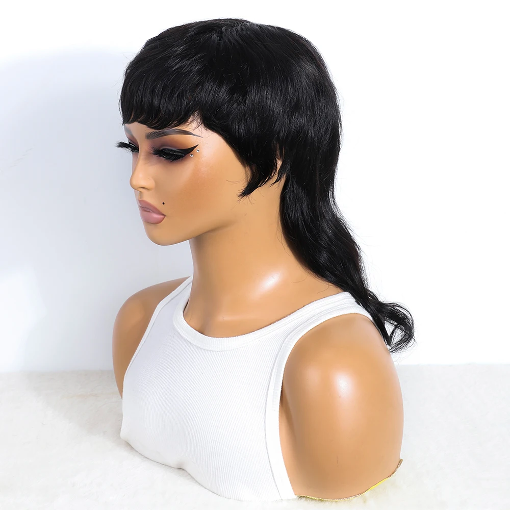 Human Hair Mullet Wig With Bangs  Dovetail Natural Black Pixie Cut Full Machine Made Wigs