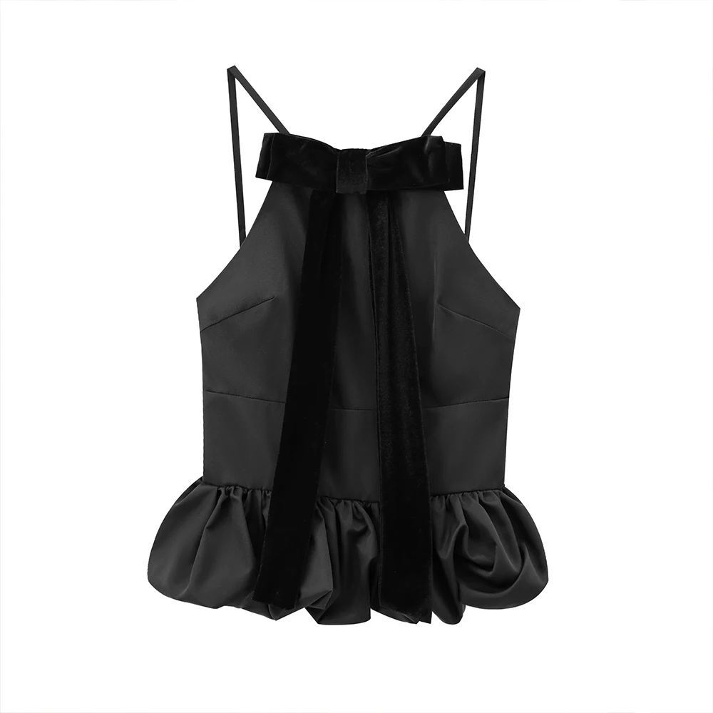 INS Fashion Elegant Black Bow Design Sleeveless Splicing Pleated Edge Women Sweet Poplin Slim Solid Camisole Top ZATAF 2024 New