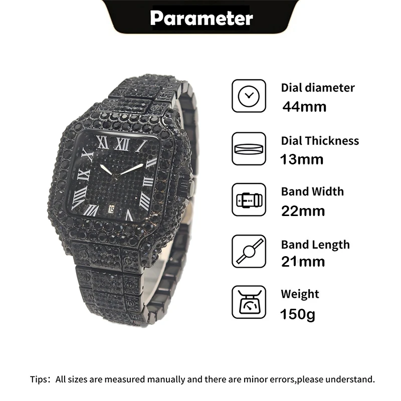 유니게트 럭셔리 아이스드 워치 남성용 쿨 블랙 다이아몬드 힙합 쿼츠 시계 남성용 로마 숫자 사각 손목시계 선물 특가 판매
